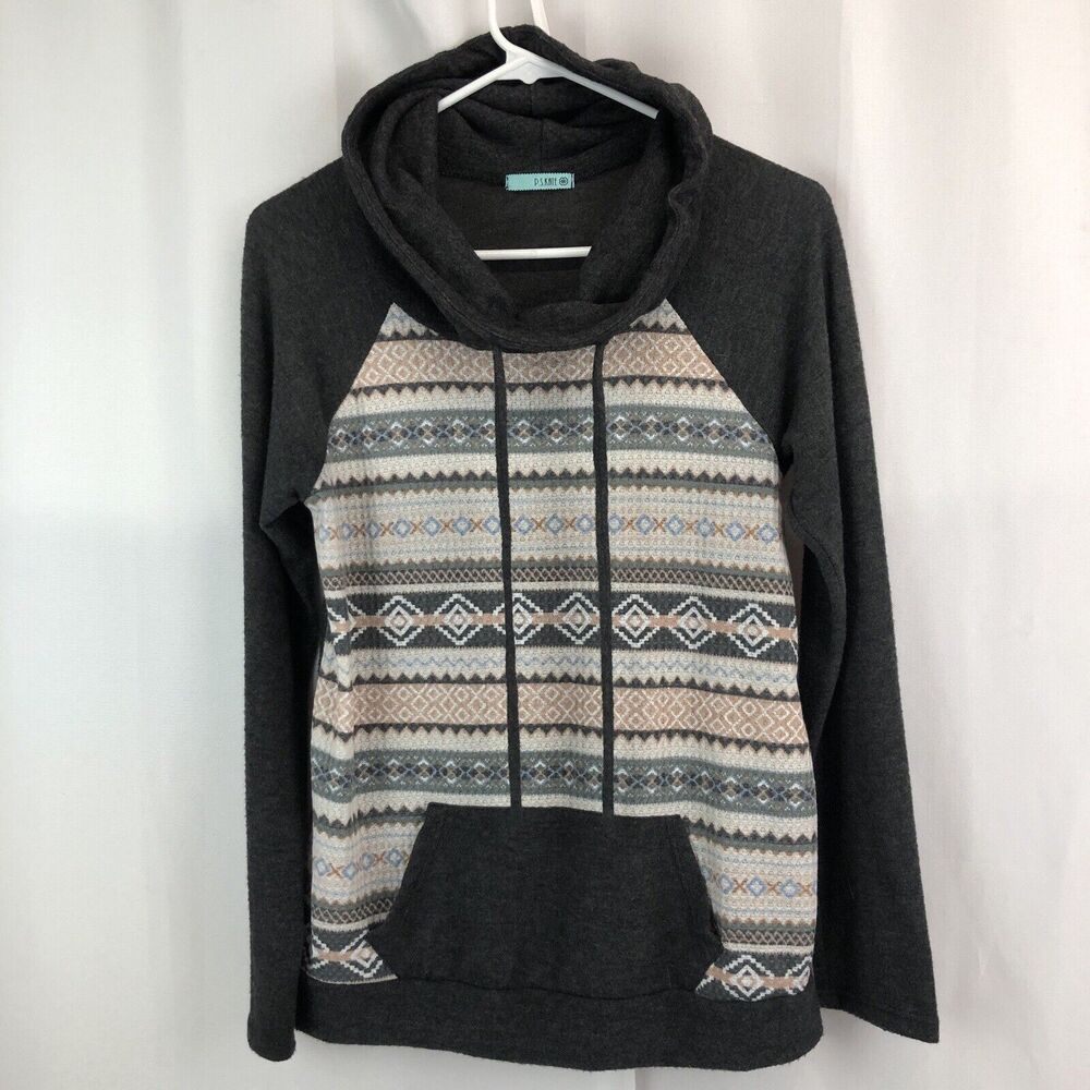 P.S. Kate Womens Gray Fair Isle Cowl Neck Top Size Small S